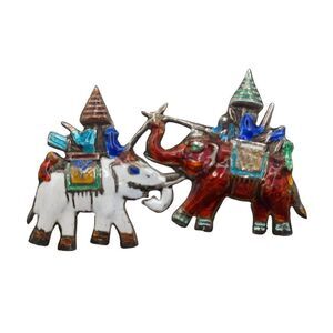 Vintage Siam Sterling Silver Enamel Elephants Brooch Dueling Double